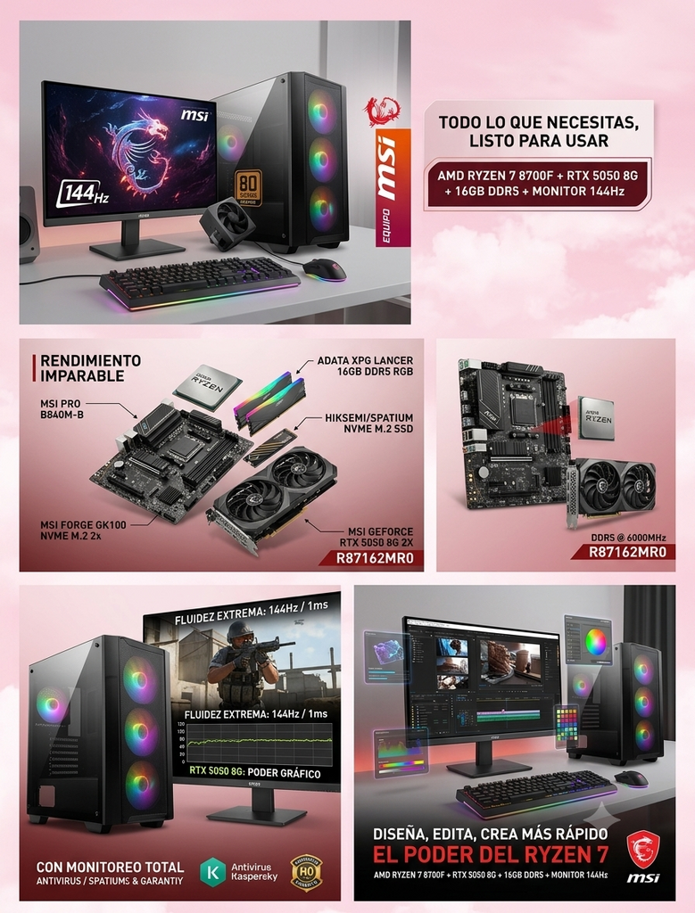 PC GAMER MSI AMD RYZEN 7  RTX 5050 16GB DDR5 M.2 500GB MSI 24" 144Hz
