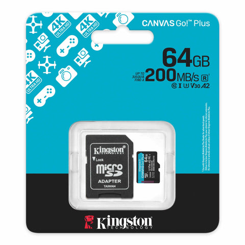 MEMORIA MICRO SD KINGSTON 64GB 200MBs CANVAS GO PLUS V30 A2 C10