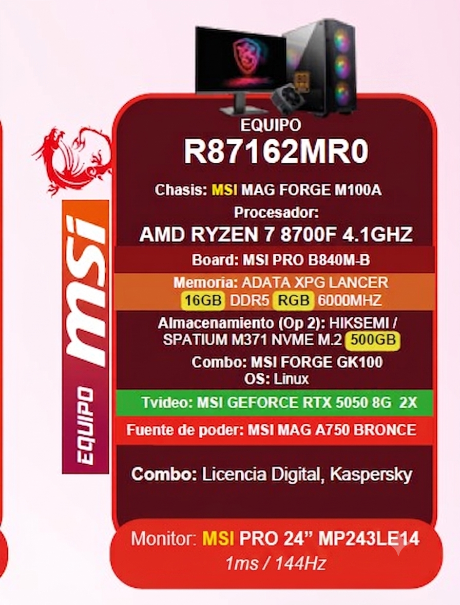 PC GAMER MSI AMD RYZEN 7  RTX 5050 16GB DDR5 M.2 500GB MSI 24" 144Hz