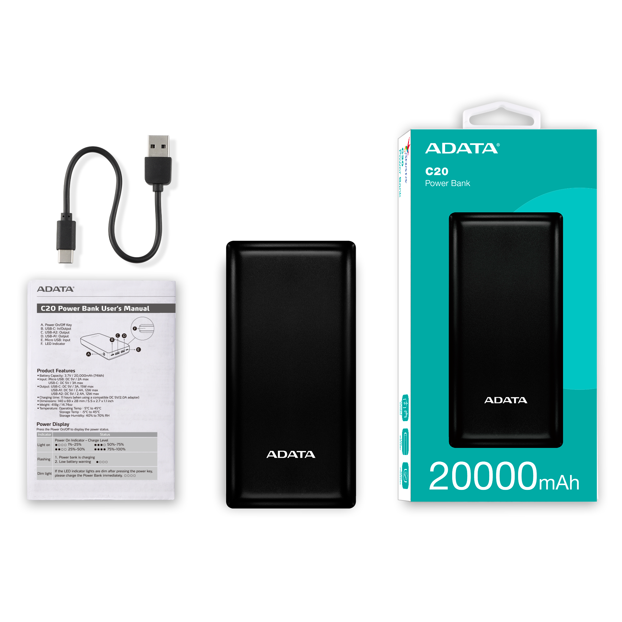 Power Bank Adata C20 P20000 Qcd 20.000 Tipo C / 2.usb Qc3.0