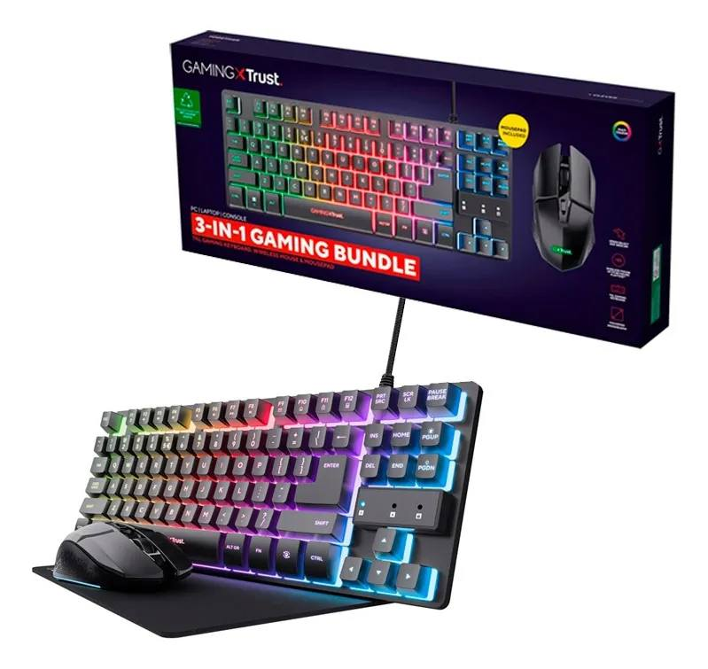 COMBO GAMING 3 EN 1 TRUST TECLADO ALÁMBRICO + MOUSE INALÁMBRICO + PAD MOUSE GXT 794 NEGRO