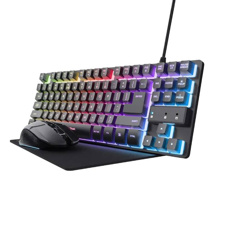 COMBO GAMING 3 EN 1 TRUST TECLADO ALÁMBRICO + MOUSE INALÁMBRICO + PAD MOUSE GXT 794 NEGRO